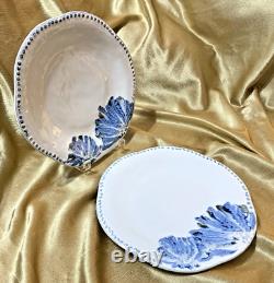 Anthropologie GINNY 11 Dinner Plates NWT 2pc HANDMADE Beaded Border Blue Blooms