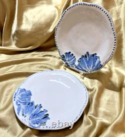 Anthropologie GINNY 11 Dinner Plates NWT 2pc HANDMADE Beaded Border Blue Blooms