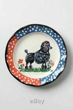 Anthropologie Plate NATHALIE LETE Dog QUI Black Poodle Bow Flowers Blue NIB