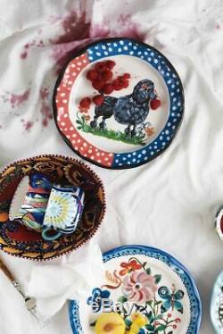 Anthropologie Plate NATHALIE LETE Dog QUI Black Poodle Bow Flowers Blue NIB