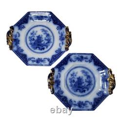 Antique 1848 English Flow Blue Scinde Plates with Gilt Handles