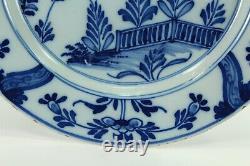 = Antique 18th c. Delft Plate Chinoiserie Blue & White w. Garden Fence and Bird