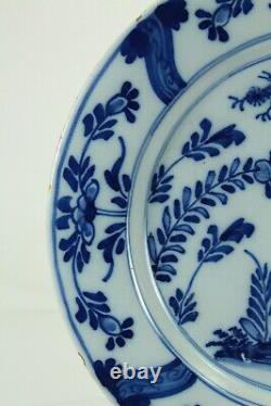 = Antique 18th c. Delft Plate Chinoiserie Blue & White w. Garden Fence and Bird