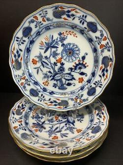 Antique 19th C. Meissen Rich Blue Red Onion Dinner Plate 9.25 Width Set Of 4