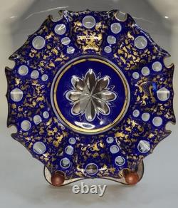 Antique 19th Century Bohemian Blue Overlay 9 Glass Plate