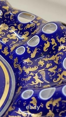 Antique 19th Century Bohemian Blue Overlay 9 Glass Plate