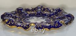 Antique 19th Century Bohemian Blue Overlay 9 Glass Plate