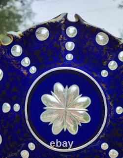Antique 19th Century Bohemian Blue Overlay 9 Glass Plate