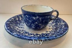 Antique Blue & White Spongeware Spatterware Dinner Plate & Mush Cup VTG