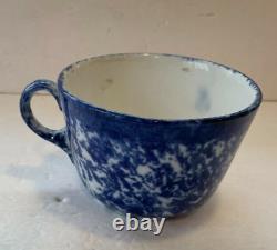 Antique Blue & White Spongeware Spatterware Dinner Plate & Mush Cup VTG