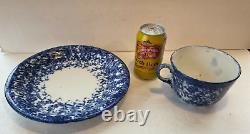 Antique Blue & White Spongeware Spatterware Dinner Plate & Mush Cup VTG