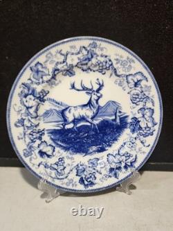 Antique Blue White Wedgwood Eturia Dinner Plate Deer Buck Stag Hunting #3
