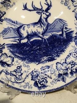 Antique Blue White Wedgwood Eturia Dinner Plate Deer Buck Stag Hunting #3