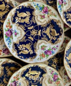 Antique Booths Dinner Plates Set of 12 Birds Butterflies Cobalt Blue & Gold RARE