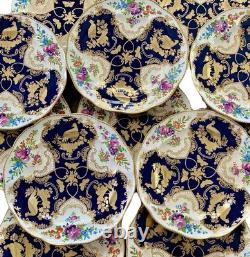 Antique Booths Dinner Plates Set of 12 Birds Butterflies Cobalt Blue & Gold RARE