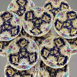 Antique Booths Dinner Plates Set of 12 Birds Butterflies Cobalt Blue & Gold RARE