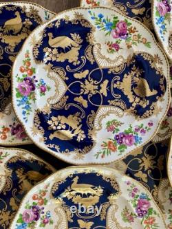 Antique Booths Dinner Plates Set of 12 Birds Butterflies Cobalt Blue & Gold RARE
