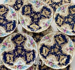 Antique Booths Dinner Plates Set of 12 Birds Butterflies Cobalt Blue & Gold RARE