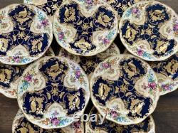 Antique Booths Dinner Plates Set of 12 Birds Butterflies Cobalt Blue & Gold RARE