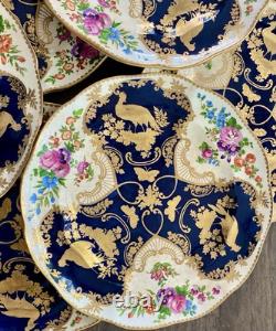 Antique Booths Dinner Plates Set of 12 Birds Butterflies Cobalt Blue & Gold RARE