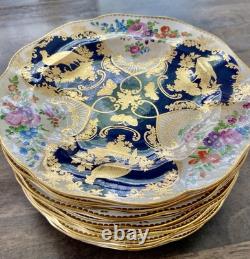Antique Booths Dinner Plates Set of 12 Birds Butterflies Cobalt Blue & Gold RARE