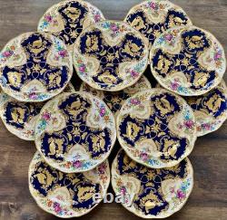 Antique Booths Dinner Plates Set of 12 Birds Butterflies Cobalt Blue & Gold RARE
