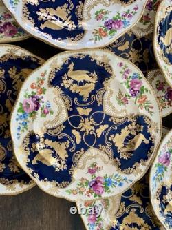 Antique Booths Dinner Plates Set of 12 Birds Butterflies Cobalt Blue & Gold RARE