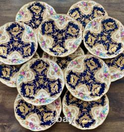 Antique Booths Dinner Plates Set of 12 Birds Butterflies Cobalt Blue & Gold RARE