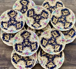 Antique Booths Dinner Plates Set of 12 Birds Butterflies Cobalt Blue & Gold RARE