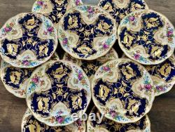 Antique Booths Dinner Plates Set of 12 Birds Butterflies Cobalt Blue & Gold RARE