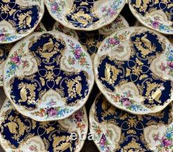 Antique Booths Dinner Plates Set of 12 Birds Butterflies Cobalt Blue & Gold RARE