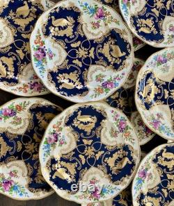 Antique Booths Dinner Plates Set of 12 Birds Butterflies Cobalt Blue & Gold RARE
