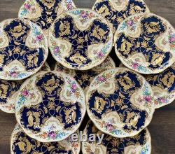Antique Booths Dinner Plates Set of 12 Birds Butterflies Cobalt Blue & Gold RARE
