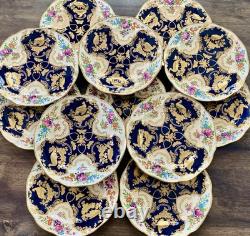 Antique Booths Dinner Plates Set of 12 Birds Butterflies Cobalt Blue & Gold RARE
