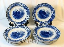 Antique Cauldon England Turkey 12 Dinner Plates Blue White 10 Scalloped Rare