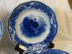 Antique Cauldon England Turkey 12 Dinner Plates Blue White 10 Scalloped Rare