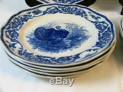 Antique Cauldon England Turkey 12 Dinner Plates Blue White 10 Scalloped Rare