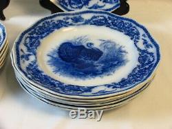 Antique Cauldon England Turkey 12 Dinner Plates Blue White 10 Scalloped Rare