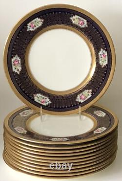 Antique Cauldron Porcelain Cobalt Blue Hand Painted Lavish Gold Dinner Plate Set