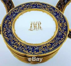 Antique Dresden Monogram Plates Dark Blue & Gold Encrusted & Enameled Set of 12