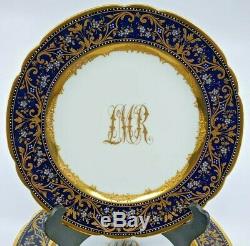 Antique Dresden Monogram Plates Dark Blue & Gold Encrusted & Enameled Set of 12