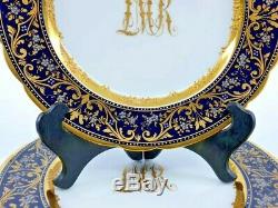 Antique Dresden Monogram Plates Dark Blue & Gold Encrusted & Enameled Set of 12