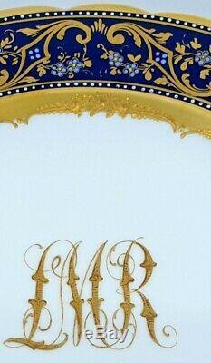 Antique Dresden Monogram Plates Dark Blue & Gold Encrusted & Enameled Set of 12