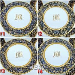 Antique Dresden Monogram Plates Dark Blue & Gold Encrusted & Enameled Set of 12