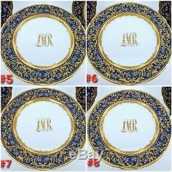 Antique Dresden Monogram Plates Dark Blue & Gold Encrusted & Enameled Set of 12