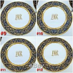 Antique Dresden Monogram Plates Dark Blue & Gold Encrusted & Enameled Set of 12