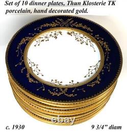 Antique Hand Painted 10pc Gold, Cobalt Dinner Plate Set, Thun Porcelain, Bohemia