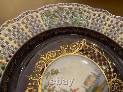 Antique Meissen Reticulated Dresden Lace Porcelain Cobalt Blue Cabinet Plate