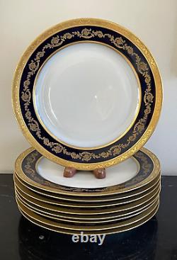 Antique T&V Limoges France Cobalt Blue and Gold Embossed Dinner Plates Set of 9