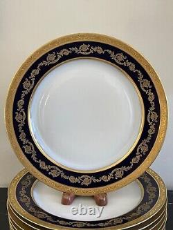 Antique T&V Limoges France Cobalt Blue and Gold Embossed Dinner Plates Set of 9